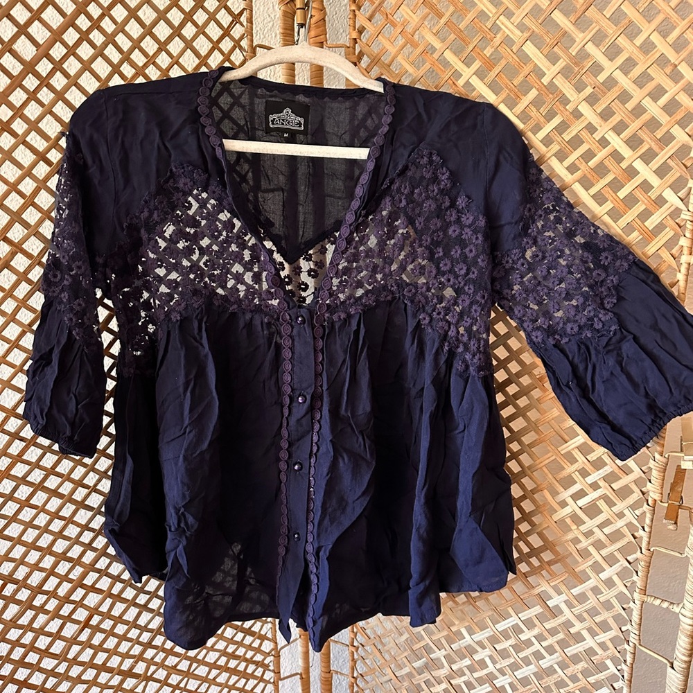 Angie Blue Ruffled Blouse with Embroidered Details